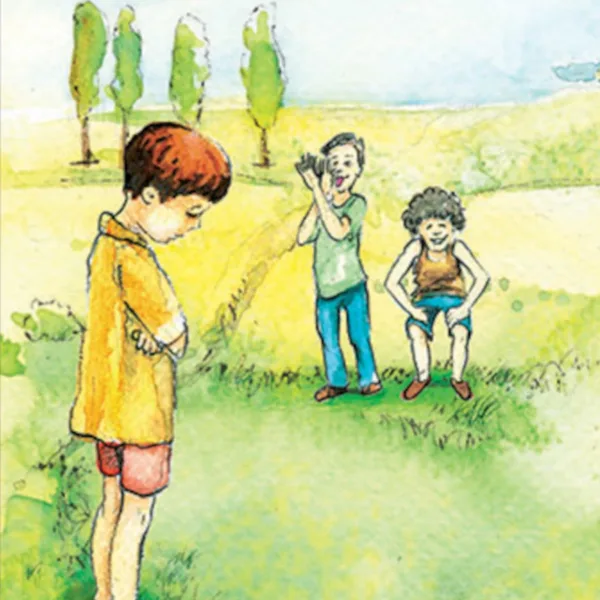 Ilustracja dla dzieci przedstawiająca chłopców na łąkach autorka Agnieszka kierat stadnik.