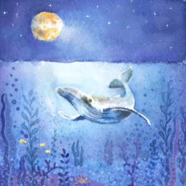 Ilustracja dla dzieci przedstawiająca wieloryba autorka Agnieszka kierat stadnik.
