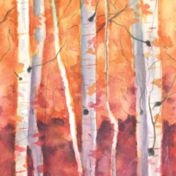 obraz akwarelowy przedstawiający las jesienią