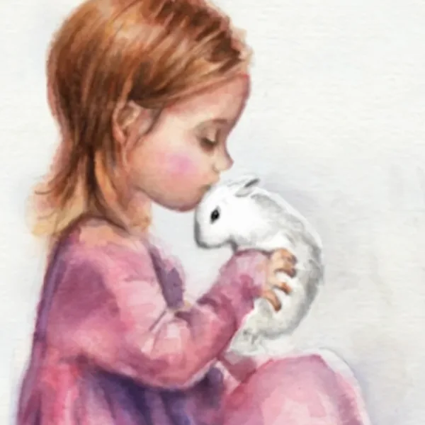 Ilustracja przedstawiająca dziewczynkę z królikiem autorka Agnieszka kierat stadnik.